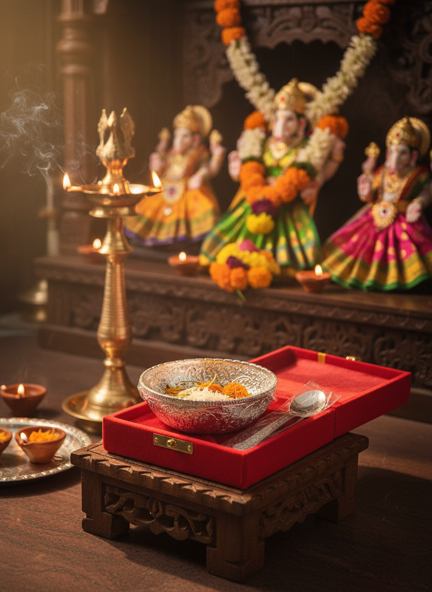 Pooja Metal Bowl & Spoon with Red Velvet Box