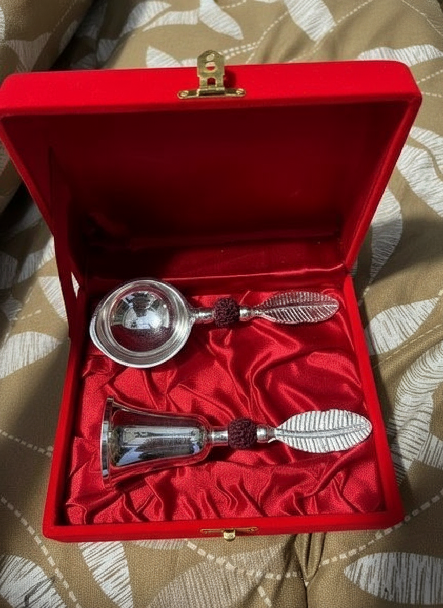 Metal Ghanti and Diya with Red velvet Box