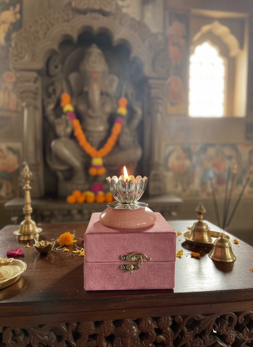 Metal lotus diya with resin base in pink velvet box