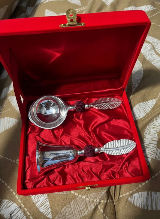 Metal Ghanti and Diya with Red velvet Box
