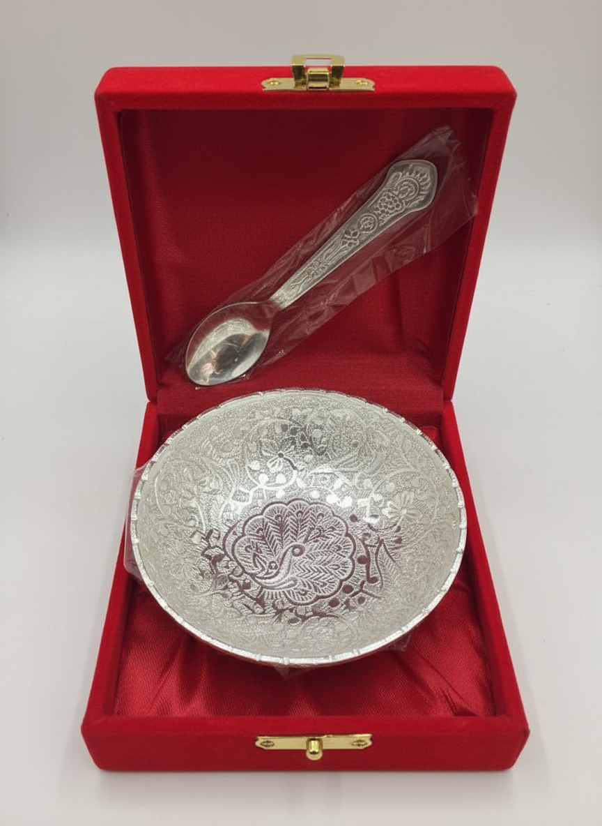 Pooja Metal Bowl & Spoon with Red Velvet Box