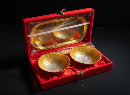 Golden Metal Bowls and tray with red velvet box ( 2 Pcs)